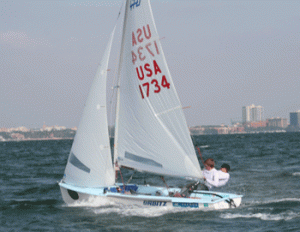 Two people sail a small light-blue sailboat with white sails marked "USA 1734" on open water. Buildings are visible along the distant shoreline under a partly cloudy sky.