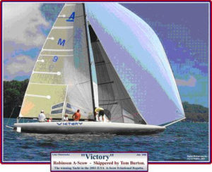 A sailboat named "Victory" with several people on board glides on a lake, its large white and blue sail catching the wind. Trees and cloudy sky are visible in the background.
