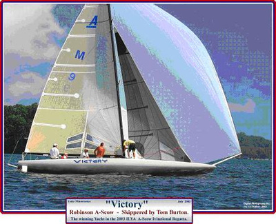 A sailboat named 'Victory' with several people on board glides on a lake, its large white and blue sail catching the wind. Trees and cloudy sky are visible in the background.