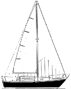 Black and white line drawing of a single-masted sailboat with a large mainsail, a jib at the front, and a cabin area below the mast. The boat is shown from the side profile.