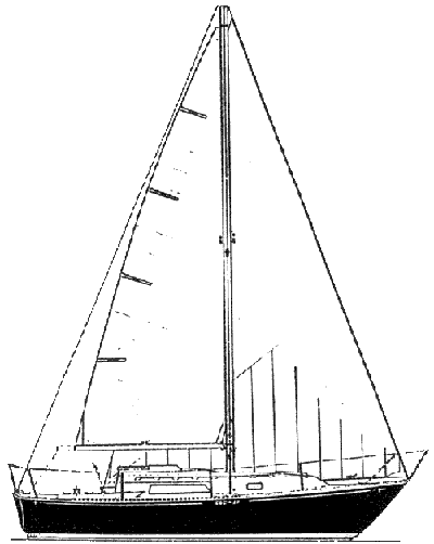 Black and white line drawing of a single-masted sailboat with a large mainsail, a jib at the front, and a cabin area below the mast. The boat is shown from the side profile.