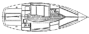 Black and white diagram of a sailboat interior layout, showing sleeping berths, a galley with a stove, sink, storage areas, a small table, and a compact bathroom, all arranged in a streamlined, efficient design.