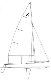 Line drawing of a small sailboat with one large sail and a smaller front sail, floating on water. The hull, rudder, keel, and rigging are visible, along with a small bird symbol near the top of the main sail.