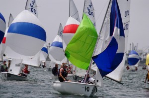 Several small sailboats with colorful spinnaker sails, including blue, white, red, yellow, and bright green, race closely together on the water during a regatta. Crew members are visible in each boat.