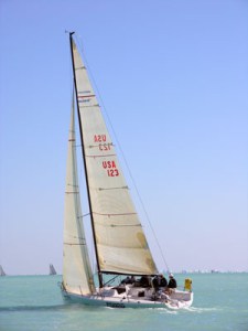 A white sailboat with the sail numbers 'USA 123' glides on turquoise water under a clear blue sky, with several people on board and other boats visible in the distant background.