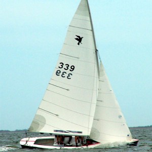 A white sailboat with the number 339 on its sail glides across the water on a cloudy day. Several people are visible under the sails, and a bird emblem is printed near the top of the main sail.