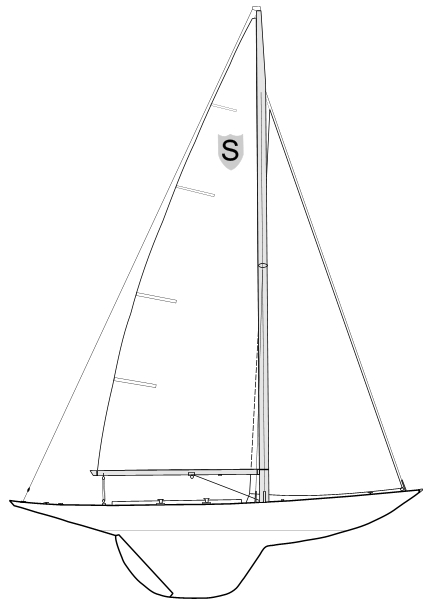 Line drawing of a sailboat with a single mast, a large mainsail, and a jib sail at the front. There is an 'S' emblem on the sail near the top. The boat has a deep keel and streamlined hull.
