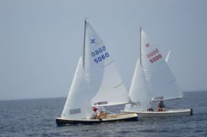 Two small sailboats with white sails race side by side on calm blue water under a clear sky. Each sailboat has two people onboard, and the sail numbers are visible in blue and red.