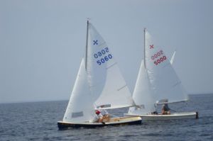Two small sailboats with white sails race side by side on calm blue water under a clear sky. Each sailboat has two people onboard, and the sail numbers are visible in blue and red.