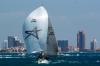 A sailboat with a large white sail races on blue water, with city buildings and a clear sky visible in the background.