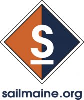 A diamond-shaped logo split diagonally into orange and navy blue with a large white 'S' in the center. Below the logo, the text 'sailmaine.org' appears in blue lowercase letters.