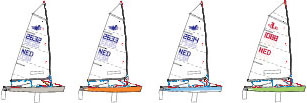 Illustration of four small sailboats in a row, each with a different colored hull (grey, orange, blue, green) and sails marked with the letters “NED” and sail numbers.