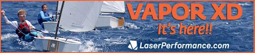Three people sail small white dinghies on blue water. Large orange text reads 'VAPOR XD It's here!!' with the LaserPerformance.com website logo at the bottom.