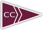 A maroon triangular pennant with white double chevron lines pointing right and the letters 'CC' in white on the left side.