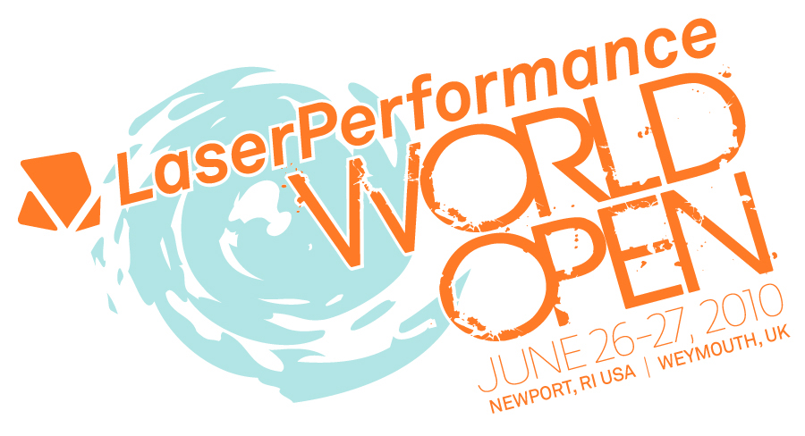 Logo for the LaserPerformance World Open, featuring a stylized wave, event name, and dates June 26-27, 2010, with locations Newport, RI, USA, and Weymouth, UK.