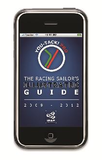 A smartphone screen displaying the cover of 'The Racing Sailor’s Illustrated Guide 2009-2012' with the YOU-TACK! PRO logo and the ISAF logo at the bottom.
