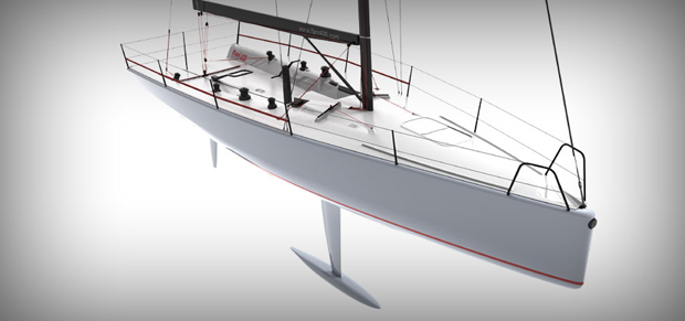A sleek, modern white sailboat with a single mast, black rigging, and minimalistic deck design, shown against a plain, gradient background. The boat features a streamlined hull and a prominent fin keel.