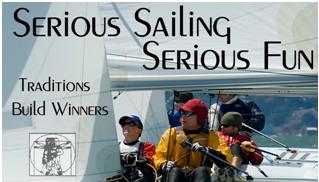 Four people sailing a boat, wearing hats and jackets, with the text “Serious Sailing Serious Fun” and “Traditions Build Winners” overlaid on the image. A small logo appears in the lower left corner.