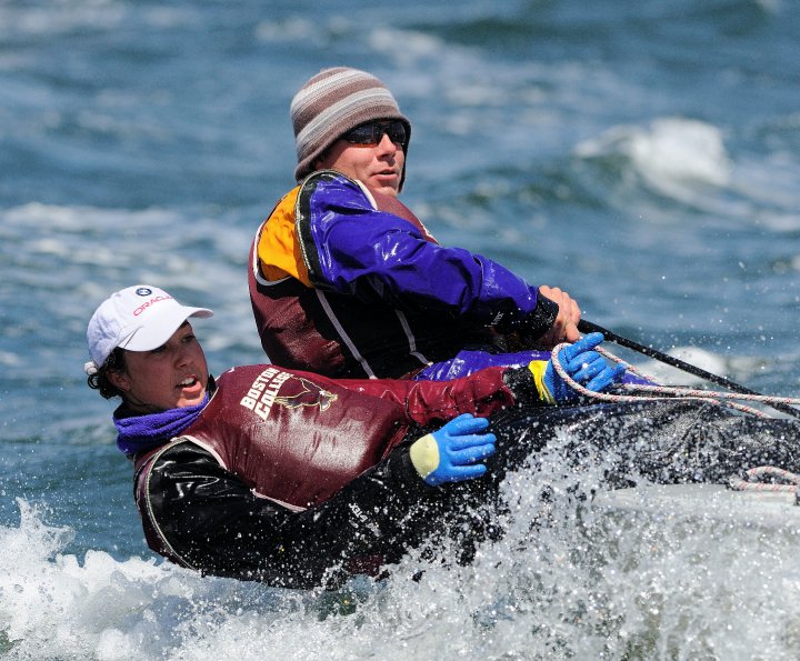 Two sailors wearing life jackets, hats, and gloves are leaning out over the edge of a sailboat as it moves through choppy water, with waves splashing around them.
