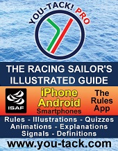 Advertisement for 'YOU-TACK! PRO: The Racing Sailor's Illustrated Guide' app, available for iPhone and Android, featuring rules, illustrations, quizzes, and more for sailing; website: www.you-tack.com.