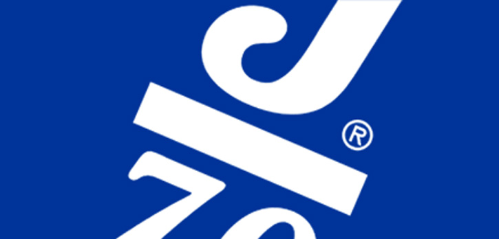 A close-up of the Jazzercise logo in white font on a blue background, showing a stylized 'J' and partial 'z' with a registered trademark symbol.
