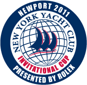 Logo for the 2011 New York Yacht Club Invitational Cup, featuring three blue sails over a globe, with event details and 'Presented by Rolex' in blue, red, and white circular text.