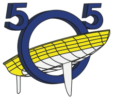 Logo of the International 505 sailing class, featuring a blue number 505 with a large '0' encircling a stylized yellow and white sailboat with two fins beneath it.