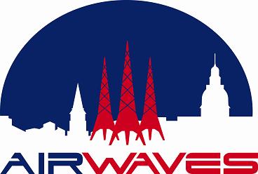 Logo with a dark blue city skyline and three red radio towers in the center. The word 'AIRWAVES' appears below, with 'AIR' in blue and 'WAVES' in red.