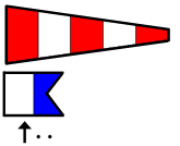 A windsock with red and white stripes, slightly angled upward to the right, and a wind direction indicator below showing the wind blowing from the bottom to the top.