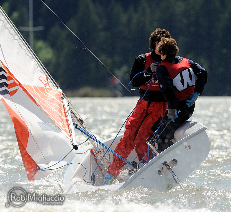 Two sailors in red life vests balance on the edge of a small sailboat tilted in the water, managing ropes and sails on a sunny day with blurred trees in the background.