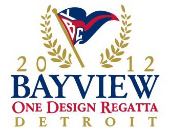 Logo for the 2012 Bayview One Design Regatta in Detroit, featuring a blue and red flag with 'BVC' and a gold laurel wreath on each side.