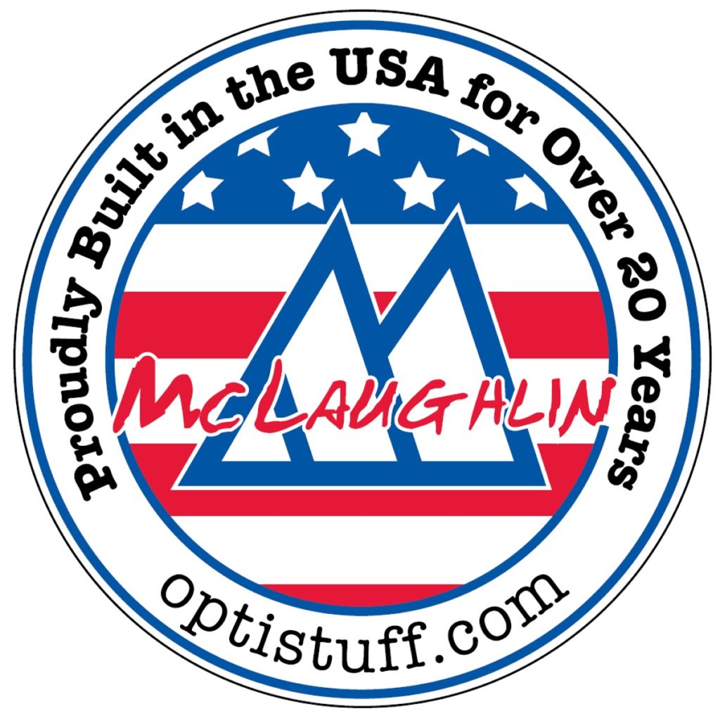 A circular logo with 'Proudly Built in the USA for Over 20 Years' and 'optistuff.com' around the edge, featuring stylized blue mountains, a U.S. flag background, and 'McLaughlin' written in red across the center.