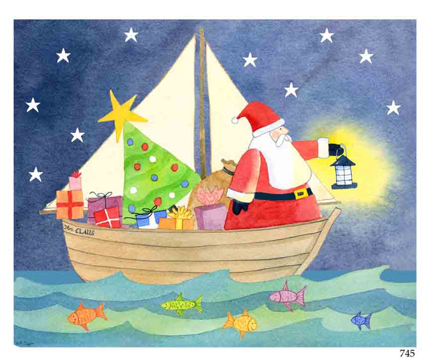 Santa Claus stands on a sailboat decorated with a Christmas tree and gifts, holding a lantern. The boat sails on wavy water with colorful fish below, under a starry night sky.