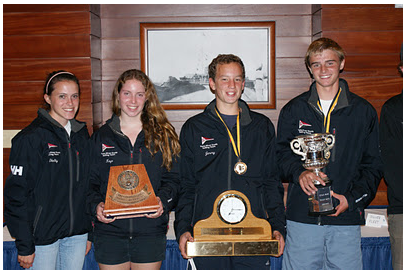 Four young people wearing matching jackets stand indoors, smiling and holding trophies and awards. Two girls are on the left with plaques, and two boys are on the right with a clock trophy and a cup.
