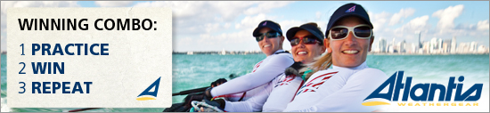 Three people in sailing gear smile while rowing on water with a city skyline in the background. Text reads: 'Winning Combo: 1 Practice, 2 Win, 3 Repeat.' Atlantis WeatherGear logo is visible.
