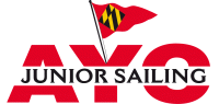 Logo with large red letters 'AYC' and the words 'JUNIOR SAILING' in yellow below. A red flag with a black and yellow pattern is on top of the 'Y'.