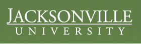 White text on a green background reads 'Jacksonville University,' with 'Jacksonville' in large, uppercase letters above a white horizontal line and 'University' in smaller, uppercase letters below the line.