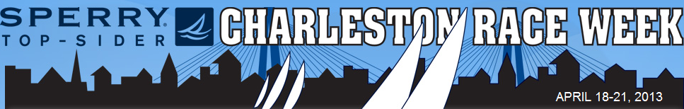 Banner for Sperry Top-Sider Charleston Race Week, featuring a stylized city skyline, sailboat graphics, and event dates: April 18-21, 2013.