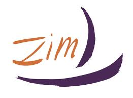 The image shows the word 'Zim' in orange, with two thick, dark purple curved lines above and below the text, forming an abstract, dynamic design on a white background.