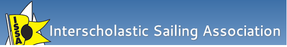 Logo and banner for the Interscholastic Sailing Association, featuring a yellow flag with 'ISSA' initials and stylized sailboat graphics on a blue gradient background with white text.
