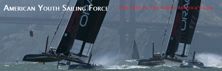 Two racing sailboats with crews speed across the water near a foggy bridge. Overlay text reads 'American Youth Sailing Force' and 'The Path to The Youth America's Cup.