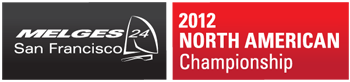 Logo for the 2012 Melges 24 North American Championship in San Francisco, featuring a sailboat graphic and bold white text on black and red backgrounds.