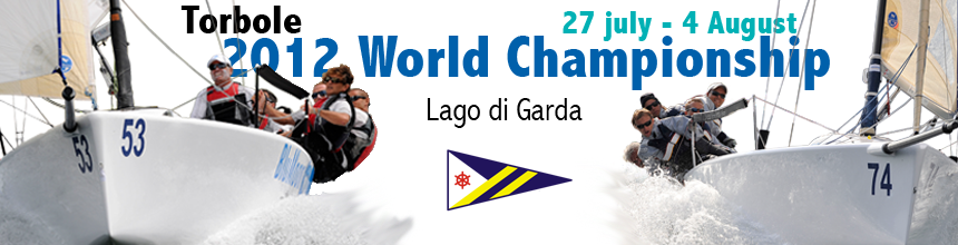Two sailboats with crews leaning out over the water race side by side, with text promoting the 2012 World Championship in Torbole, Lago di Garda, from July 27 to August 4. A sailing pennant is shown at the bottom.