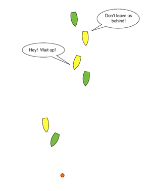 Six green and yellow leaf shapes follow a small orange dot; two leaves at the back have speech bubbles saying 'Hey! Wait up!' and 'Don't leave us behind!.
