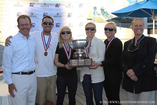 Six people stand together outdoors, smiling, with four wearing medals. The group is holding a large silver trophy. A step-and-repeat banner with logos is visible in the background.