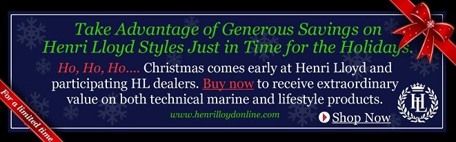 Holiday-themed advertisement with green and red text offering savings on Henri Lloyd styles. It mentions early Christmas deals, encourages users to 'Buy now,' and includes a red ribbon, HL logo, and 'Shop Now' button.
