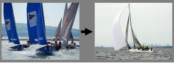 Side-by-side images show small blue sailboats with crews racing on the left, and a larger white sailboat with a spinnaker sail and crew sailing on open water on the right, separated by a black arrow.