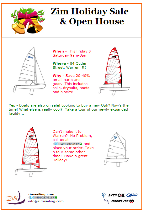 Flyer for 'Zim Holiday Sale & Open House' featuring images of sailboats, event details (date, time, location), discounts on sailing gear, and contact information at the bottom with festive holiday decorations.