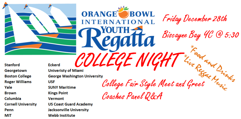 Orange Bowl International Youth Regatta flyer with three sailboats, event details for College Night: December 28th, Biscayne Bay YC at 5:30, college list, food, drinks, live reggae, college fair, and coaches panel Q&A.