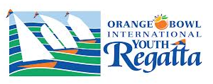 Logo for the Orange Bowl International Youth Regatta, featuring three white sailboats on stylized blue and green waves, with the event name and an orange with a leaf at the top right.
